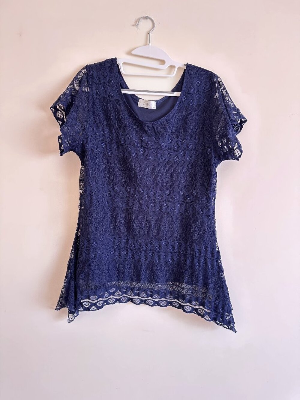 Navy Short-Sleeve Blouse/Top with Lace Detail